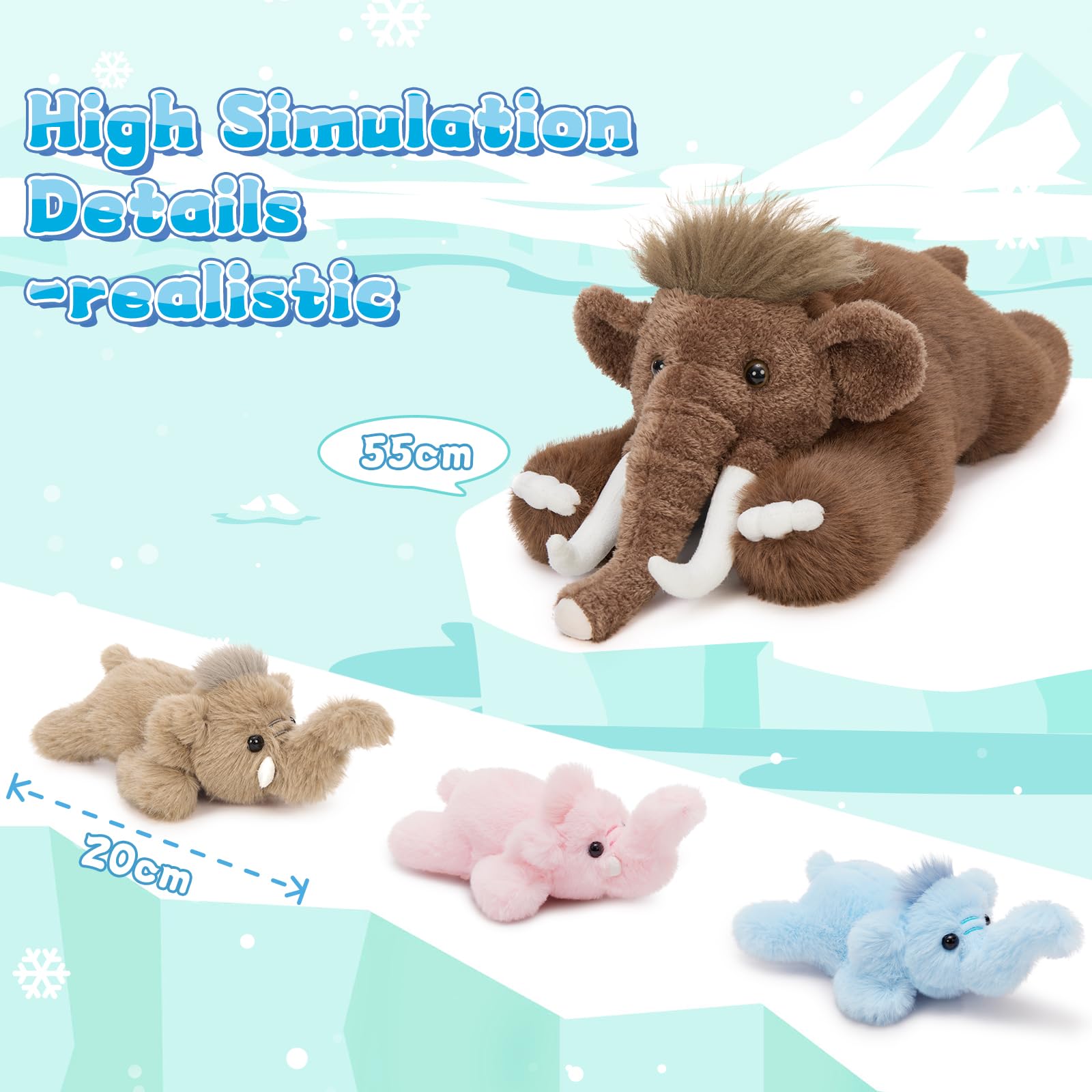 MorisMos 4 stücke Mammut Plüschtier Stofftier XXL, 55cm groß Elefant Kuscheltier XXL mit 3 Babys im Bauch, weich Plüschelefant Geburtstag Weihnachten Geschenk für Baby Kinder