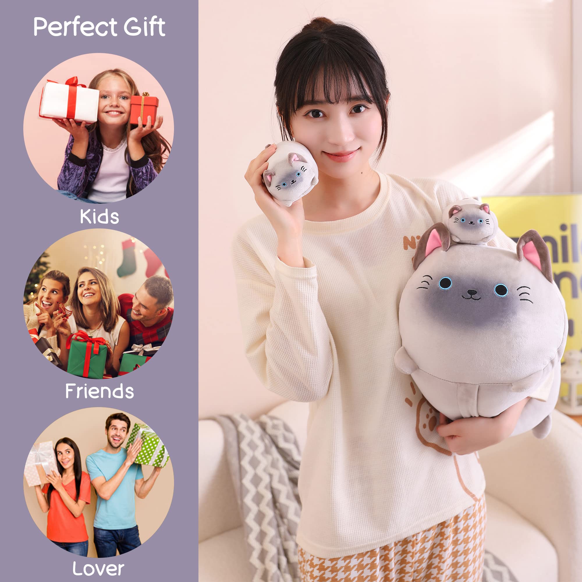 SQEQE Siamesische Katze Plüsch, niedliche Siamkatze Stofftiere Mama mit 4 Quetsch-Kätzchen in ihrem Bauch, weiche Siamkatze Plüschkissen Geschenke für Kinder