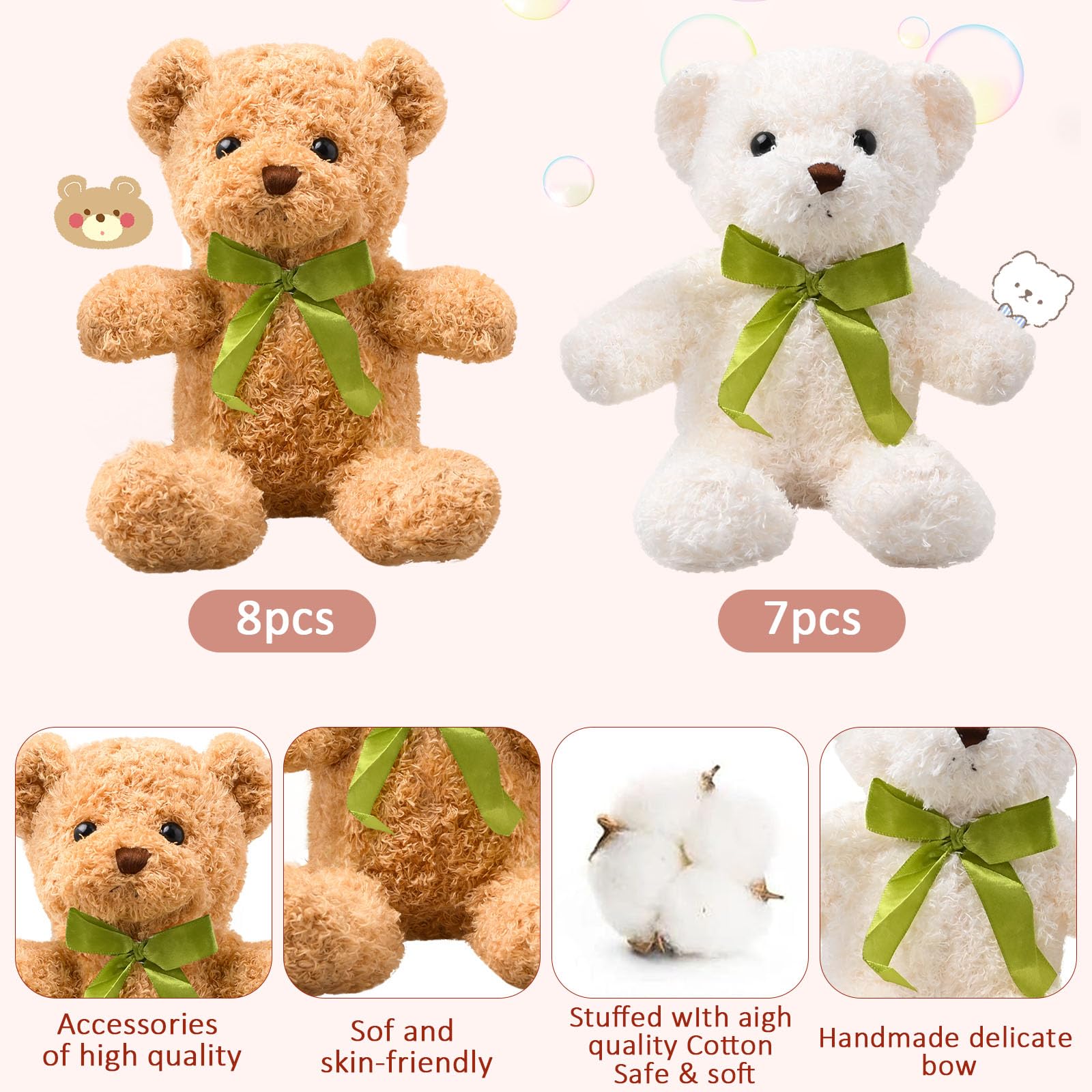 LYCN 15 Pack Kleine Teddybären, 25 cm Plüschbär Spielzeug, Niedliche Weiche Bären Stofftiere mit Schleifen für Abschlussfeier, Geburtstag, Hochzeit, Weiß, Braun (25cm)