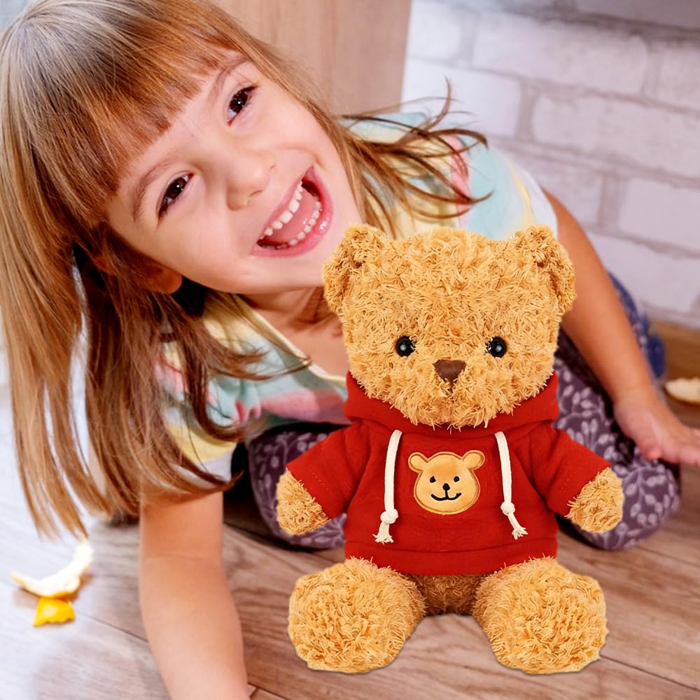 ZesGlyxyr Teddybär Khaki 30cm, Stofftier Teddy, Kuscheltier Bär aus Plüsch, zum Kuscheln und Spielen für Babys & Kinder, Soft Cuddly Friends (Roter Kapuzenpullover)