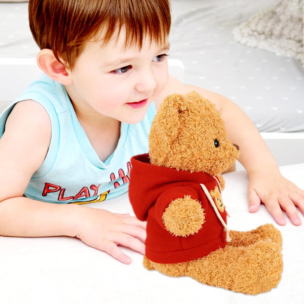 ZesGlyxyr Teddybär Khaki 30cm, Stofftier Teddy, Kuscheltier Bär aus Plüsch, zum Kuscheln und Spielen für Babys & Kinder, Soft Cuddly Friends (Roter Kapuzenpullover)