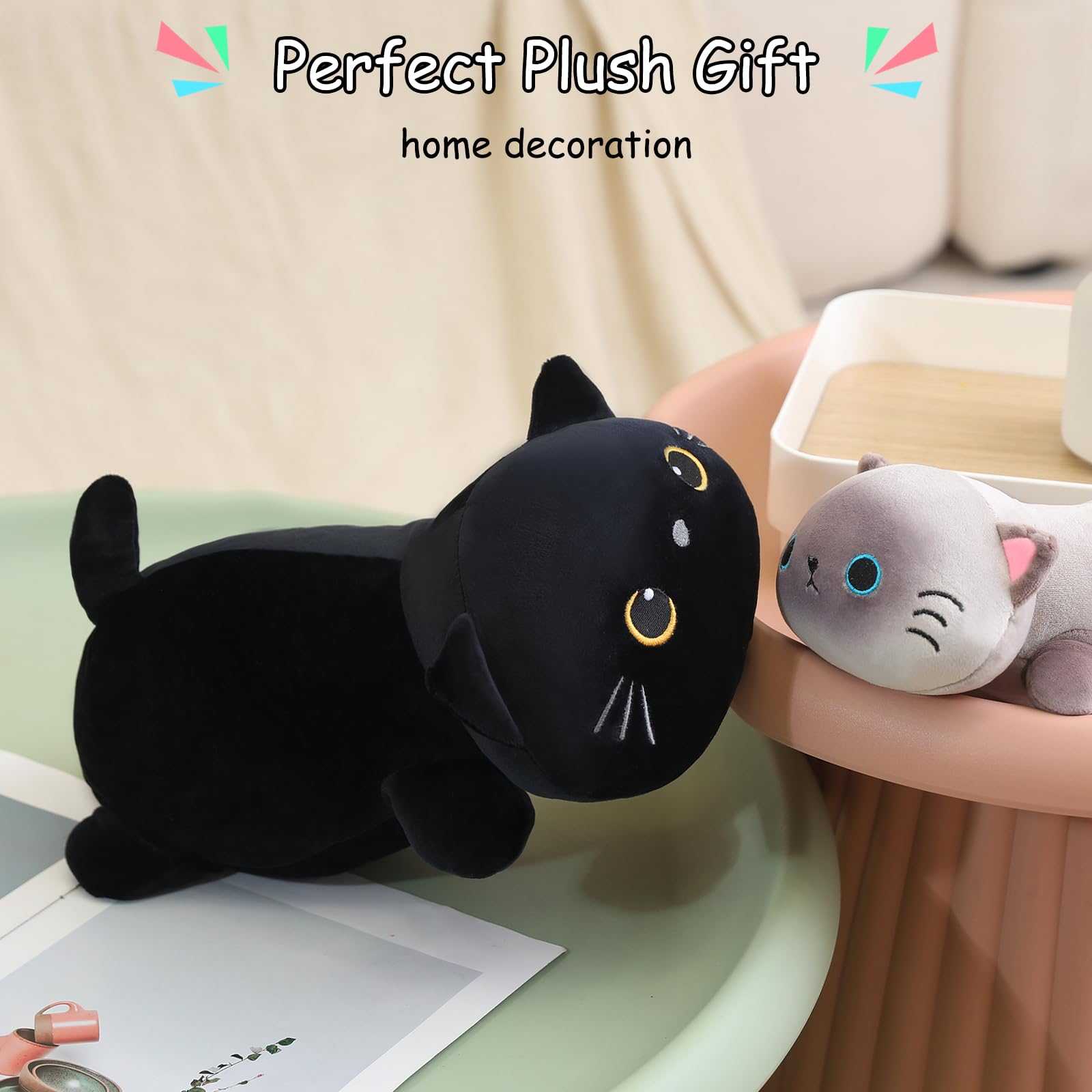 SQEQE Beschwerte Schwarze Plüschkatze, schwarzes Katzen-Stofftier zur Angstlinderung, niedliches Plüsch, weiches Kissen, Spielzeug, Geschenk für Kinder und Erwachsene 25 cm