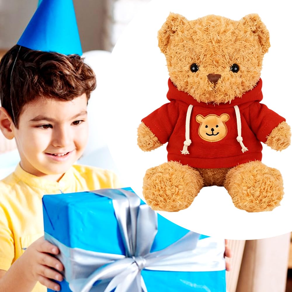 ZesGlyxyr Teddybär Khaki 30cm, Stofftier Teddy, Kuscheltier Bär aus Plüsch, zum Kuscheln und Spielen für Babys & Kinder, Soft Cuddly Friends (Roter Kapuzenpullover)