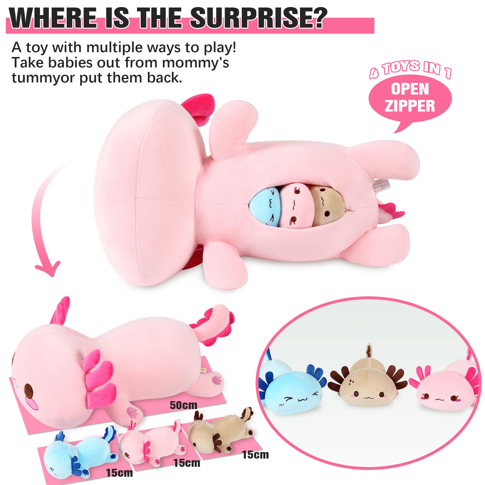 shownicer Plüschtier Axolotl Kuscheltier Stofftier Kawaii Plüsch, Mama & 3 Babys Plüschkissen Spielzeug, Kissen Puppe, Wurfkissen Schmusetier Geschenk für Kinder Mädchen Jungen