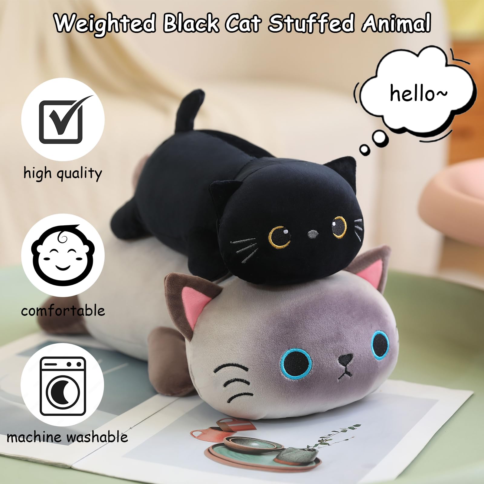 SQEQE Beschwerte Schwarze Plüschkatze, schwarzes Katzen-Stofftier zur Angstlinderung, niedliches Plüsch, weiches Kissen, Spielzeug, Geschenk für Kinder und Erwachsene 25 cm
