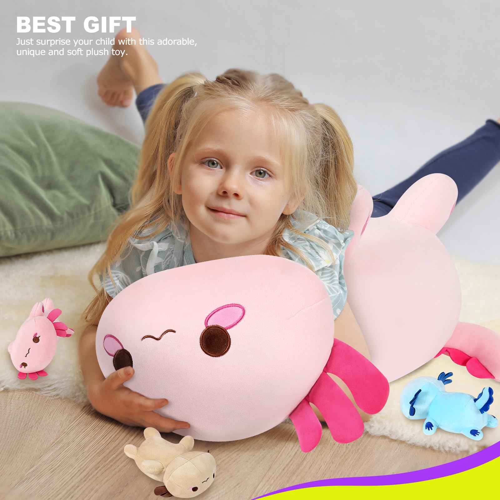 shownicer Plüschtier Axolotl Kuscheltier Stofftier Kawaii Plüsch, Mama & 3 Babys Plüschkissen Spielzeug, Kissen Puppe, Wurfkissen Schmusetier Geschenk für Kinder Mädchen Jungen