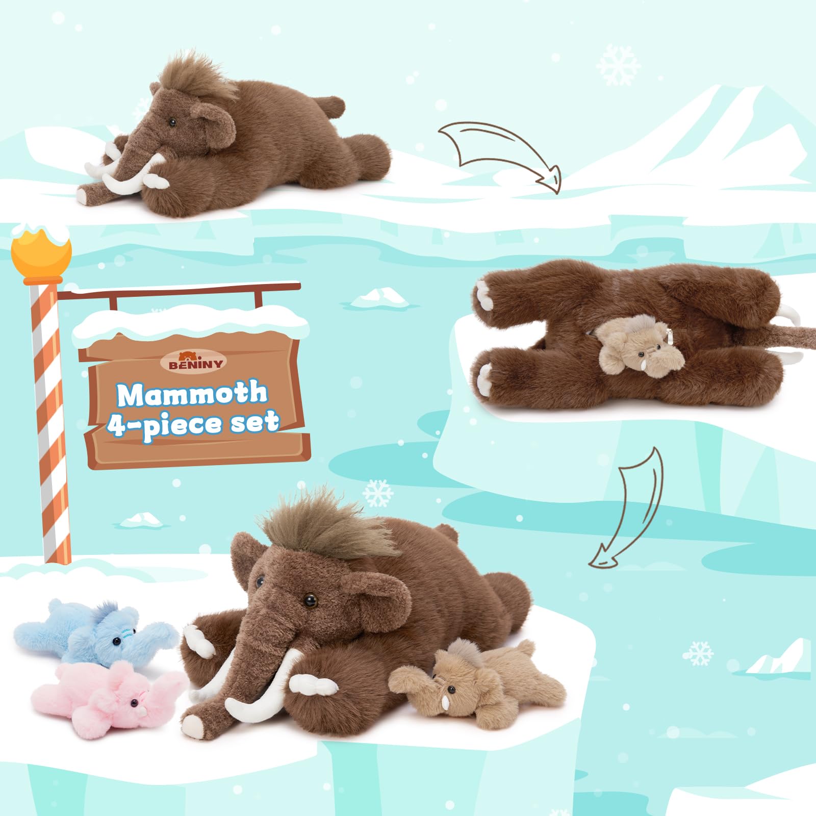 MorisMos 4 stücke Mammut Plüschtier Stofftier XXL, 55cm groß Elefant Kuscheltier XXL mit 3 Babys im Bauch, weich Plüschelefant Geburtstag Weihnachten Geschenk für Baby Kinder