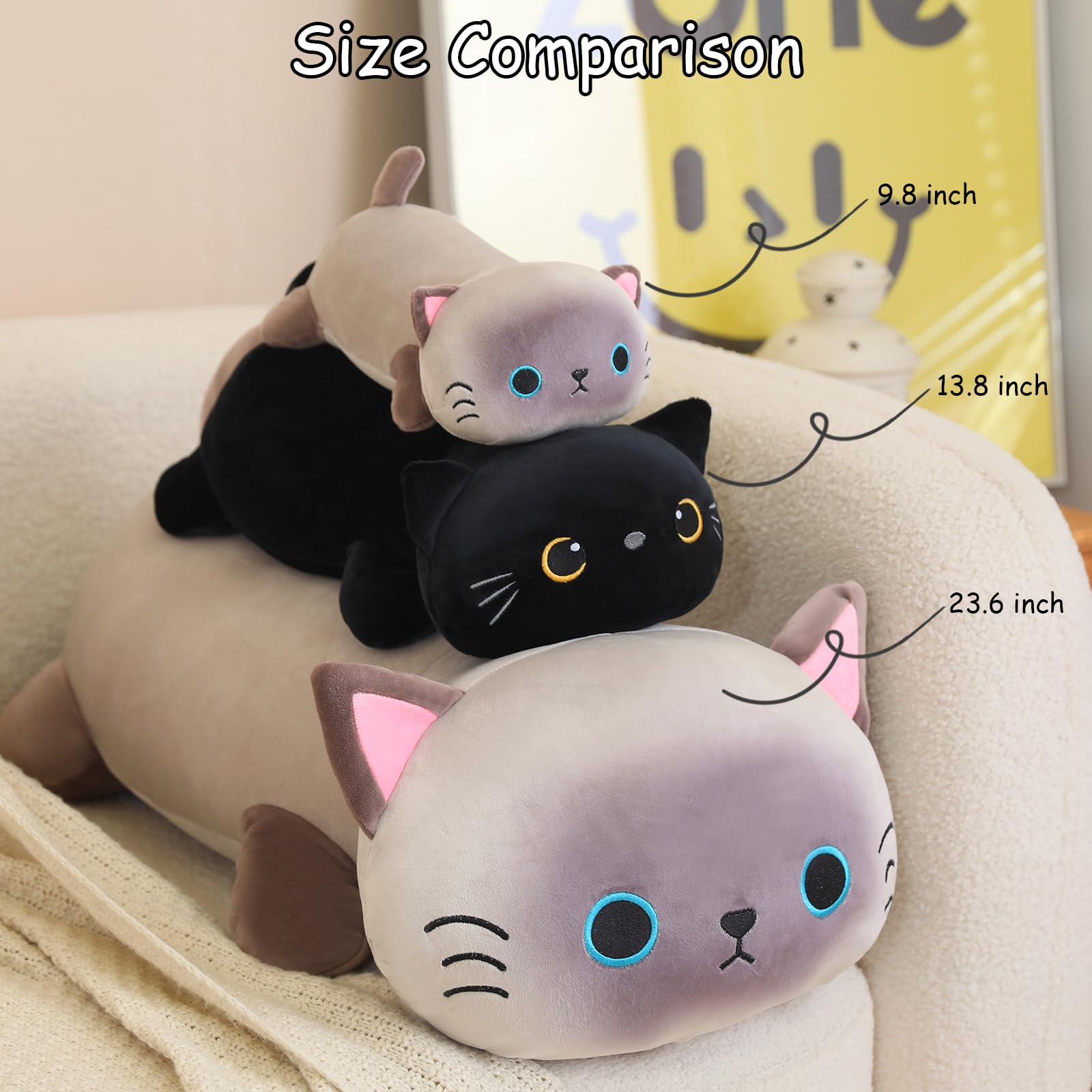 SQEQE Beschwerte Schwarze Plüschkatze, schwarzes Katzen-Stofftier zur Angstlinderung, niedliches Plüsch, weiches Kissen, Spielzeug, Geschenk für Kinder und Erwachsene 25 cm