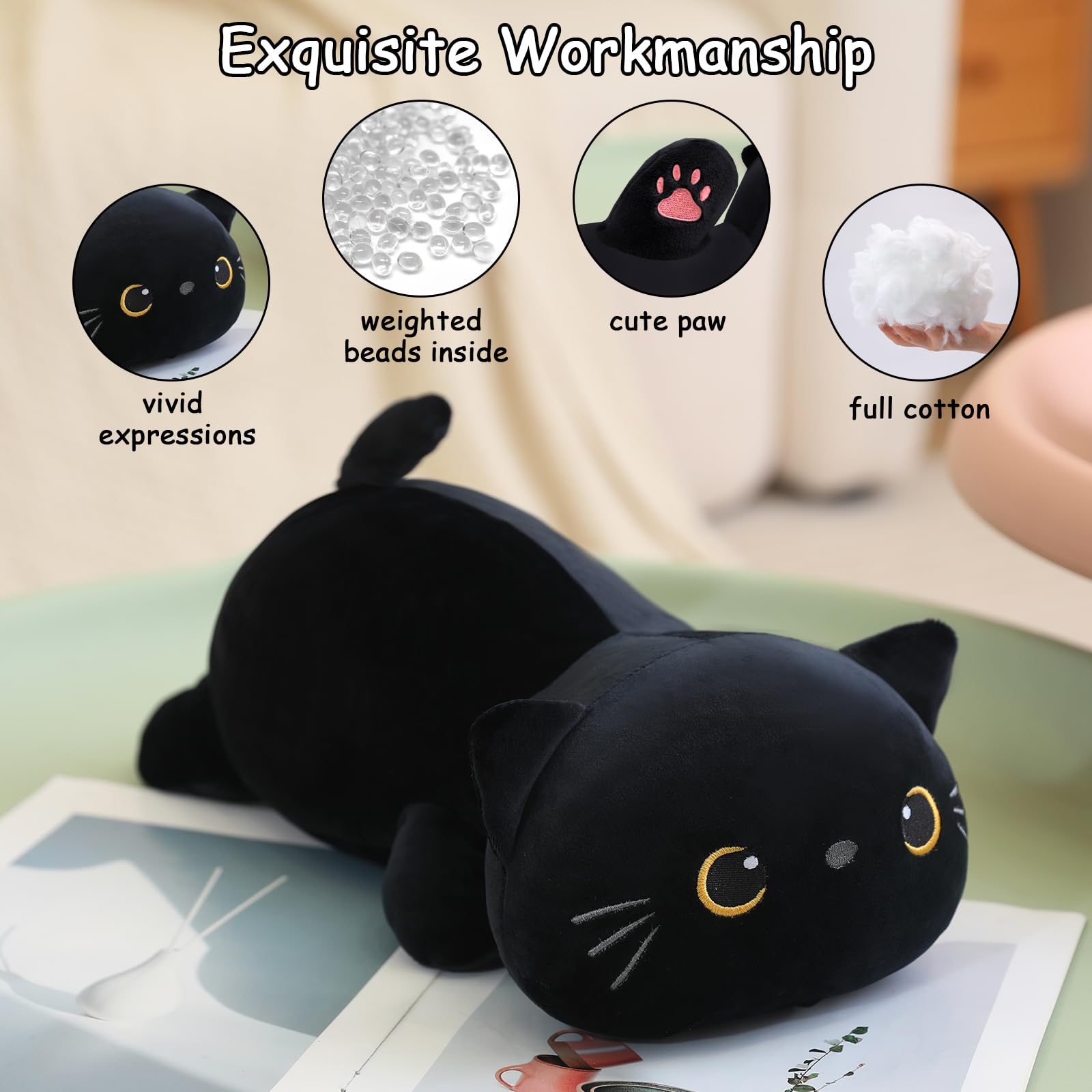 SQEQE Beschwerte Schwarze Plüschkatze, schwarzes Katzen-Stofftier zur Angstlinderung, niedliches Plüsch, weiches Kissen, Spielzeug, Geschenk für Kinder und Erwachsene 25 cm
