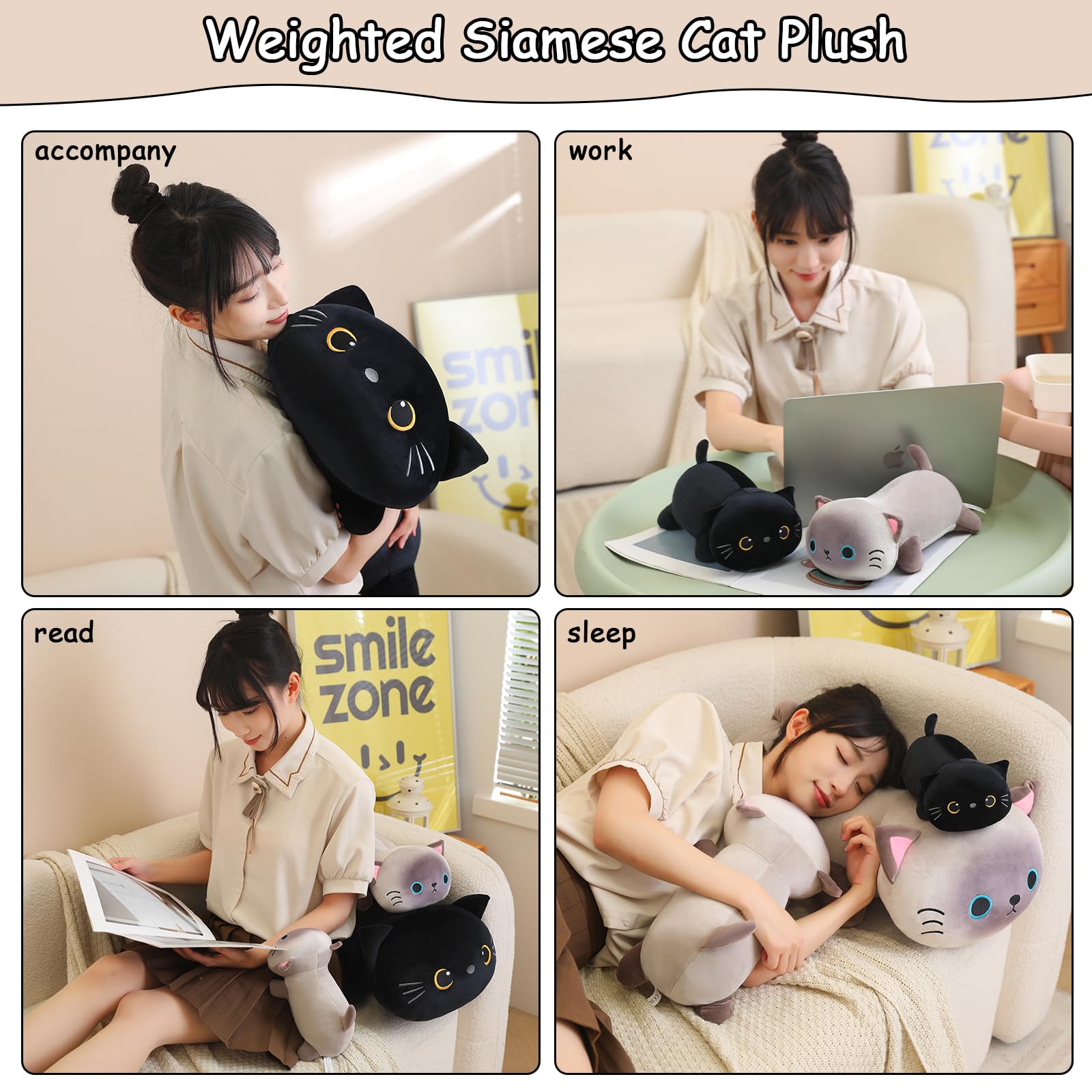 SQEQE Beschwerte Schwarze Plüschkatze, schwarzes Katzen-Stofftier zur Angstlinderung, niedliches Plüsch, weiches Kissen, Spielzeug, Geschenk für Kinder und Erwachsene 25 cm