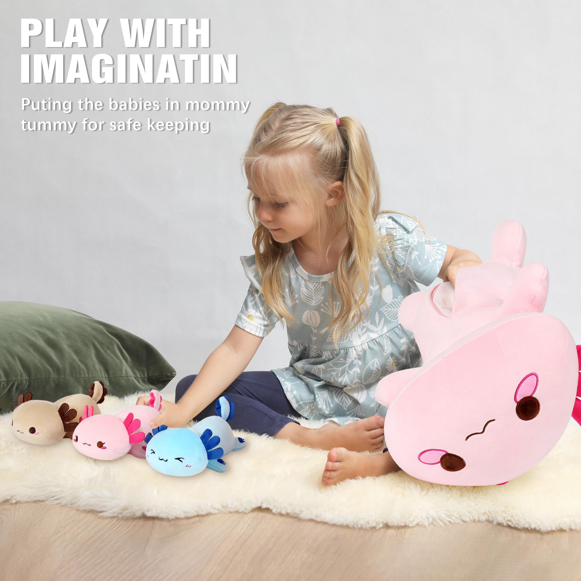 shownicer Plüschtier Axolotl Kuscheltier Stofftier Kawaii Plüsch, Mama & 3 Babys Plüschkissen Spielzeug, Kissen Puppe, Wurfkissen Schmusetier Geschenk für Kinder Mädchen Jungen