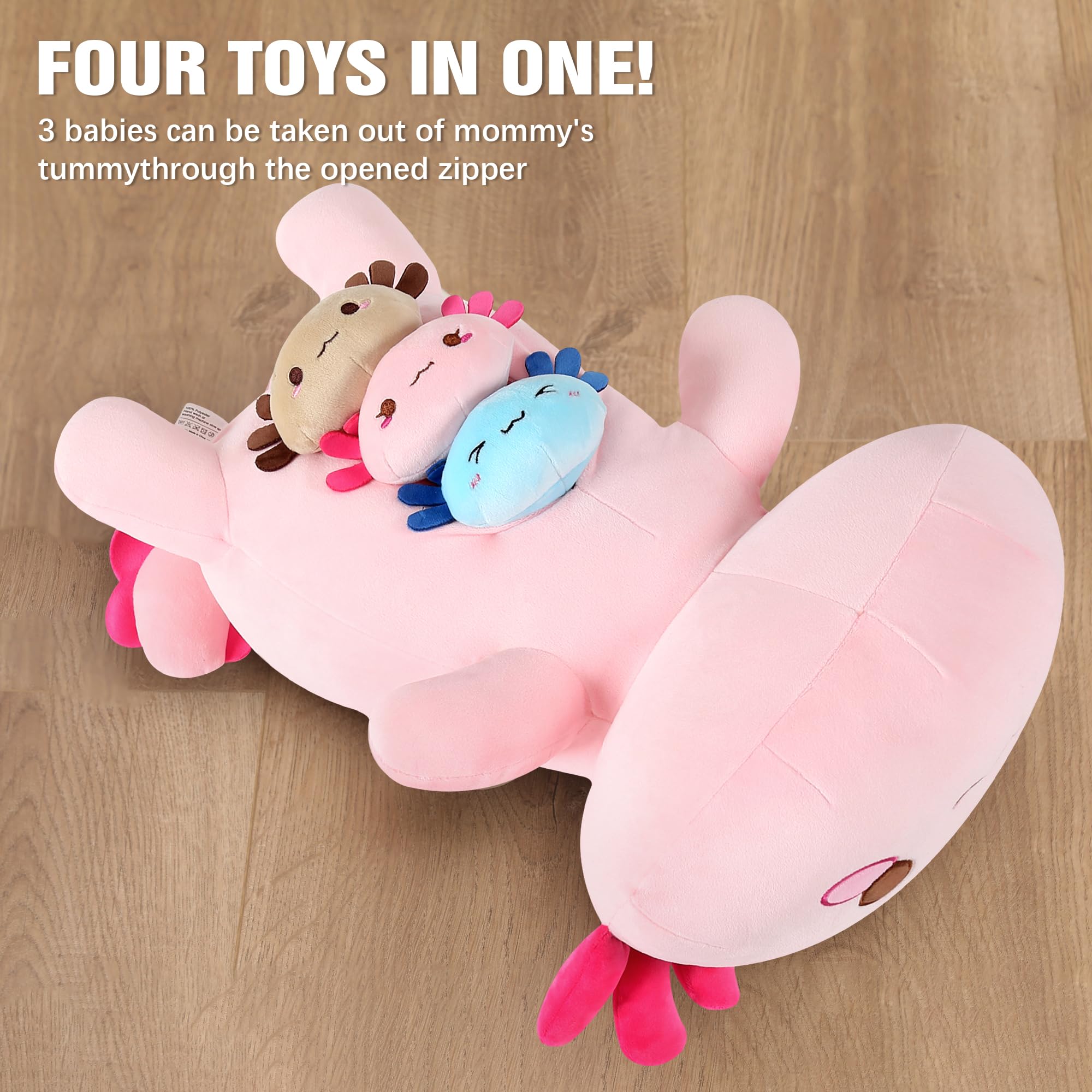 shownicer Plüschtier Axolotl Kuscheltier Stofftier Kawaii Plüsch, Mama & 3 Babys Plüschkissen Spielzeug, Kissen Puppe, Wurfkissen Schmusetier Geschenk für Kinder Mädchen Jungen