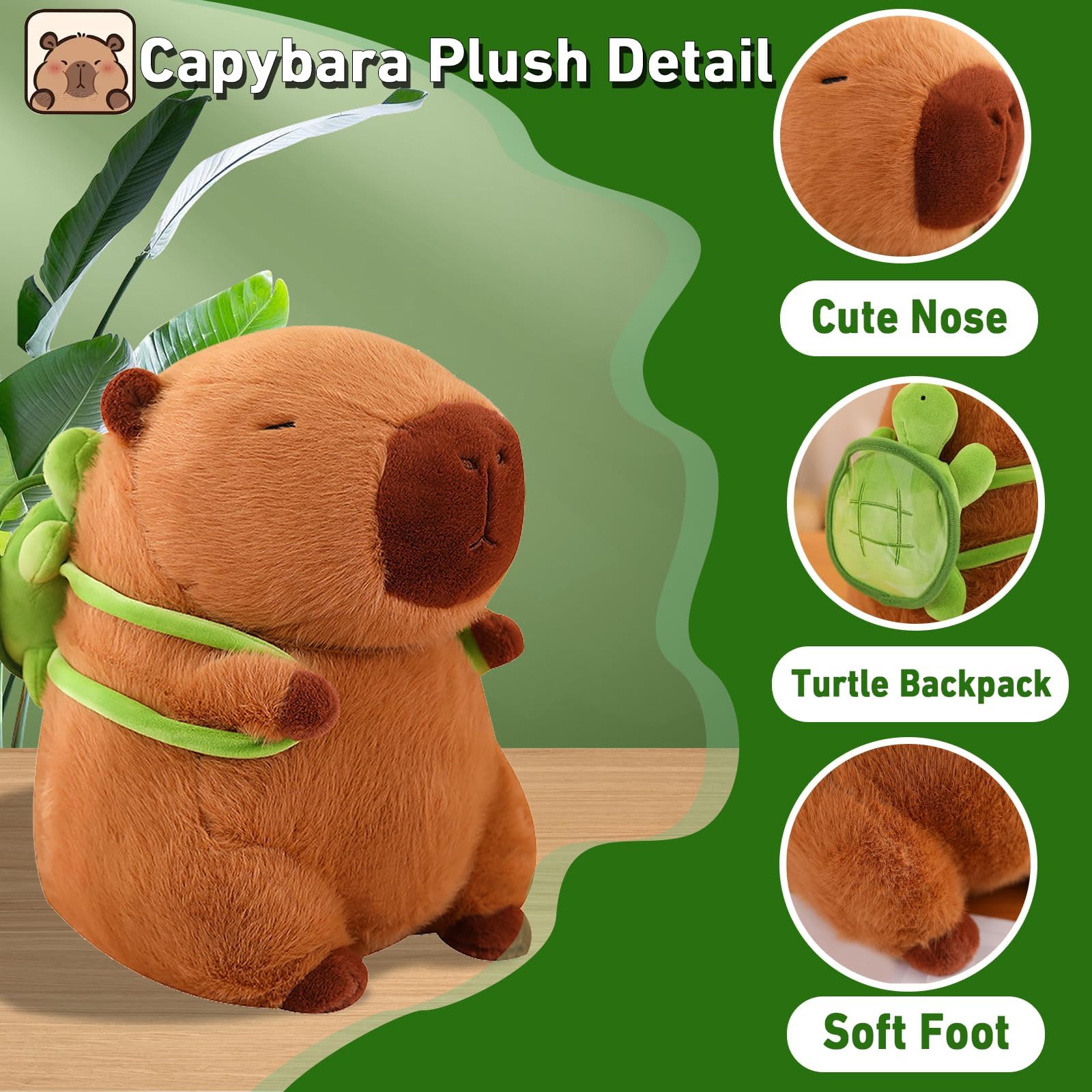 SHUOHONG Niedlichen Capybara Plushies, Wasserschwein Plüschtier mit Schildkrötenrucksack, Simulation Tier Capybara Puppen, Süße Kuscheltiere, für Home Deko Kinder Geschenk